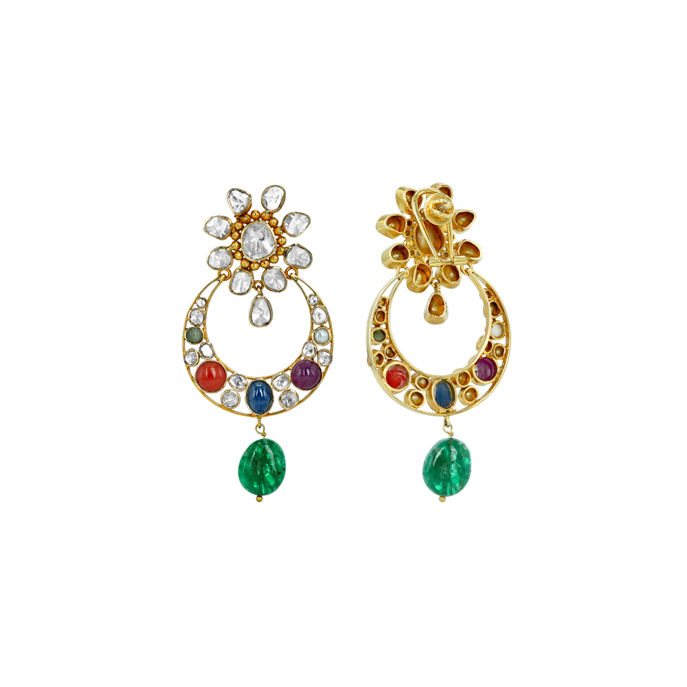 Navaratan Chandbali Earrings with Polkis and Emerald Drops